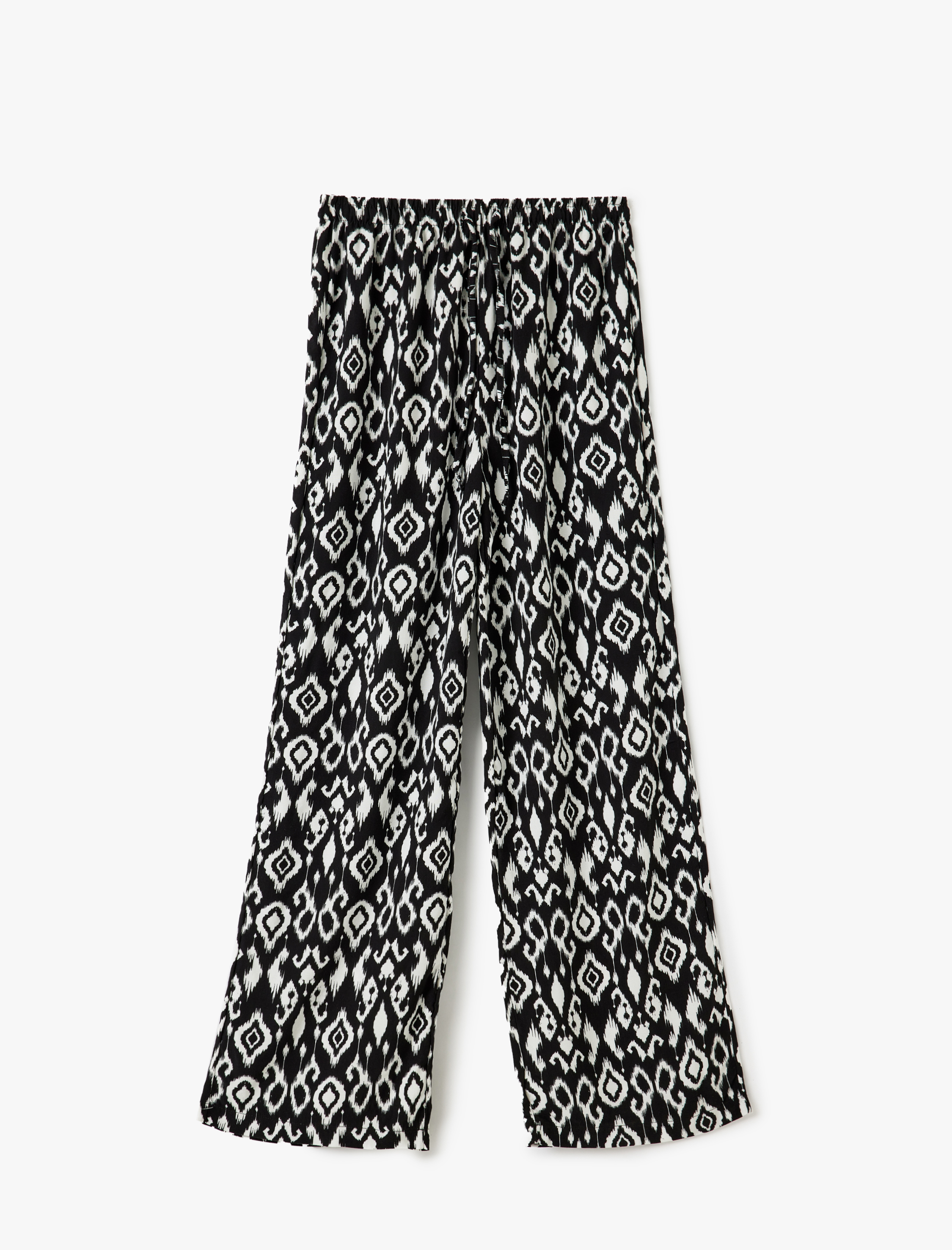   Etnik Desenli Beli Bağcıklı Viskon Geniş Paça Pantolon