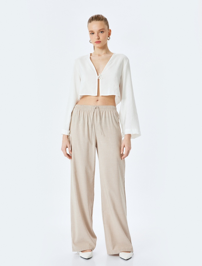  Viskon Karışımlı Beli Bağcıklı Çizgili Bol Paça Pantolon