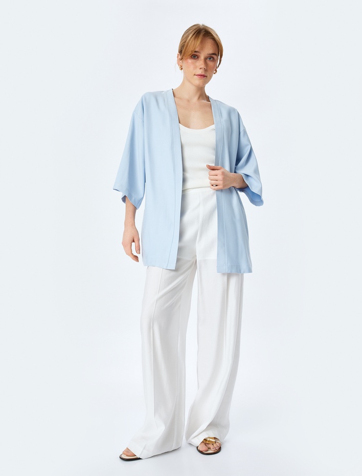  Gizli Cepli Viskon 3/4 Kol Oversize Kimono