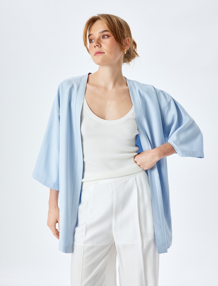  Gizli Cepli Viskon 3/4 Kol Oversize Kimono