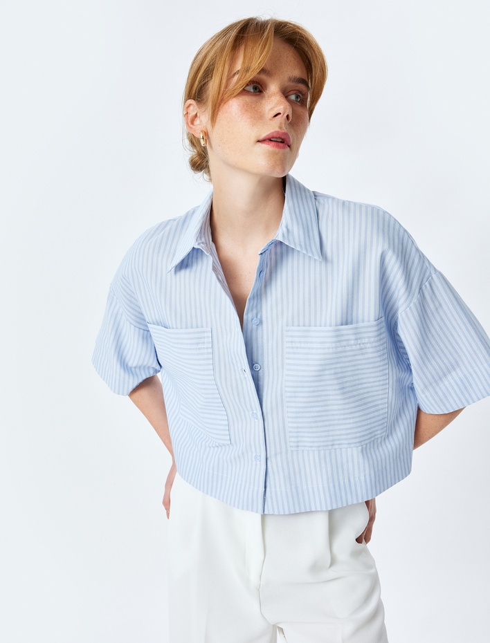  Aplike Cep Detaylı Kısa Kollu Oversize Crop Gömlek