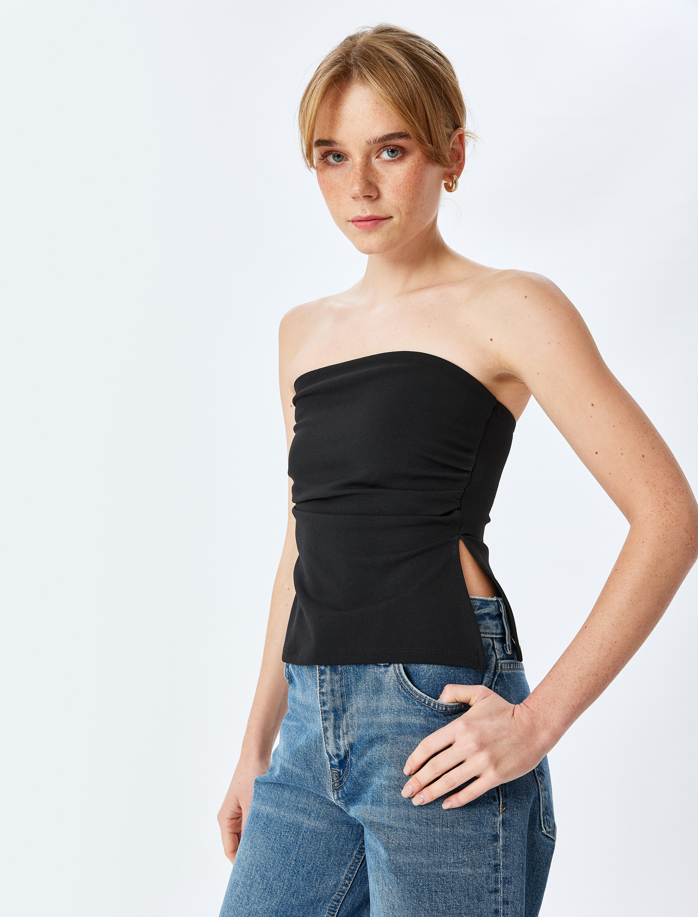 Krep Scuba Kumaş Drape Detaylı Asimetrik Straplez Body