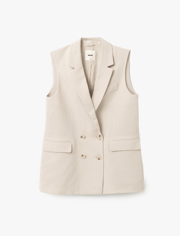 Viskon-Keten Karışımlı Kolsuz Kruvaze Oversize Blazer Yelek_3