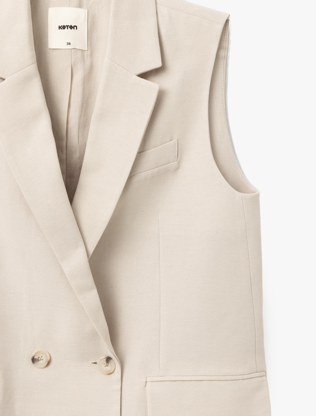 Viskon-Keten Karışımlı Kolsuz Kruvaze Oversize Blazer Yelek_5