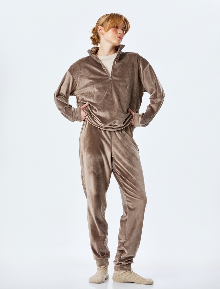  Sıcak Tutan Yumuşak Dokulu Beli Bağlamalı Jogger Kadife Pijama Altı