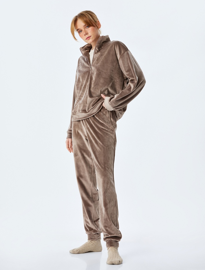  Sıcak Tutan Yumuşak Dokulu Beli Bağlamalı Jogger Kadife Pijama Altı
