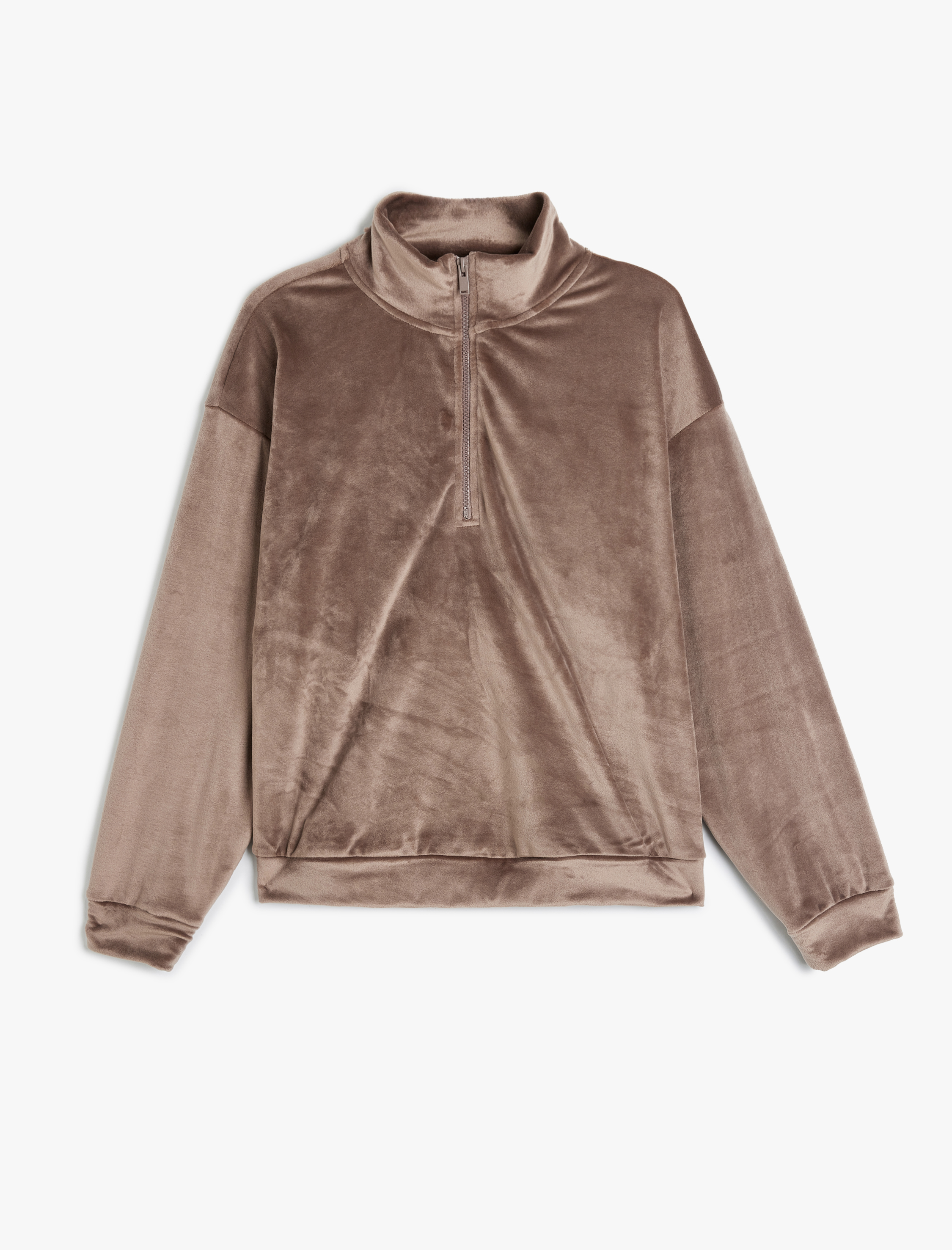   Sıcak Tutan Uzun Kollu Dik Yaka Yarım Fermuar Detaylı Kadife Pijama Üstü