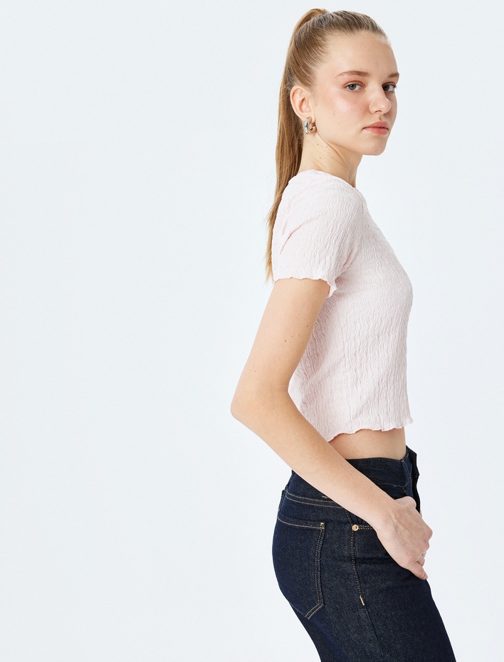  Basic Kısa Kollu Bisiklet Yaka Dokulu Crop Tişört Bürümcük
