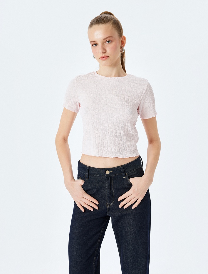  Basic Kısa Kollu Bisiklet Yaka Dokulu Crop Tişört Bürümcük