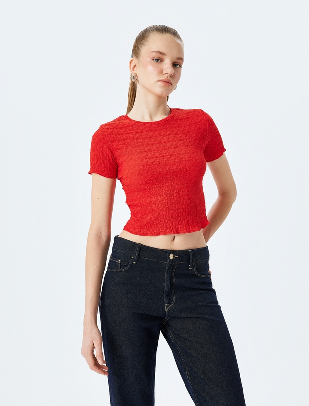Basic Kısa Kollu Bisiklet Yaka Dokulu Crop Tişört_0