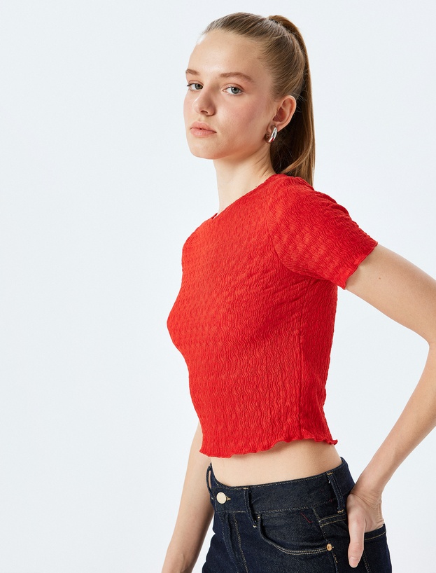 Basic Kısa Kollu Bisiklet Yaka Dokulu Crop Tişört_1