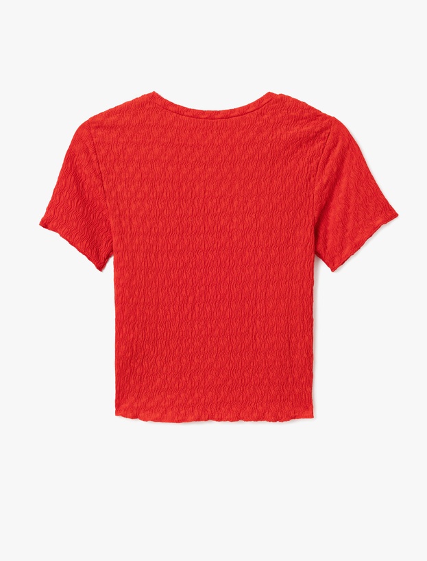 Basic Kısa Kollu Bisiklet Yaka Dokulu Crop Tişört_3