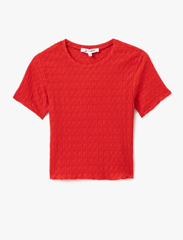 Basic Kısa Kollu Bisiklet Yaka Dokulu Crop Tişört_2
