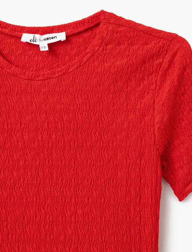 Basic Kısa Kollu Bisiklet Yaka Dokulu Crop Tişört_4