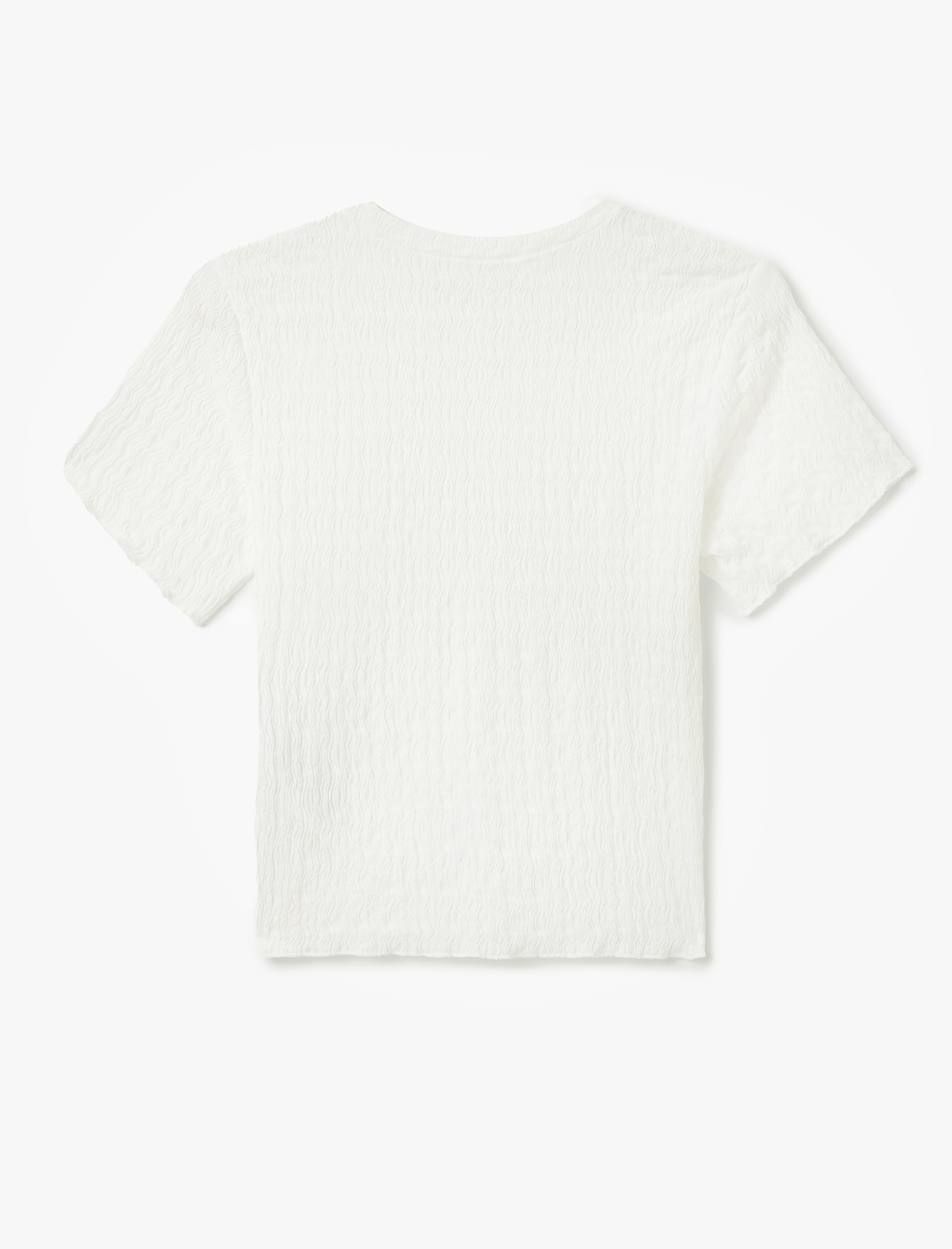   Basic Kısa Kollu Bisiklet Yaka Dokulu Crop Tişört Bürümcük