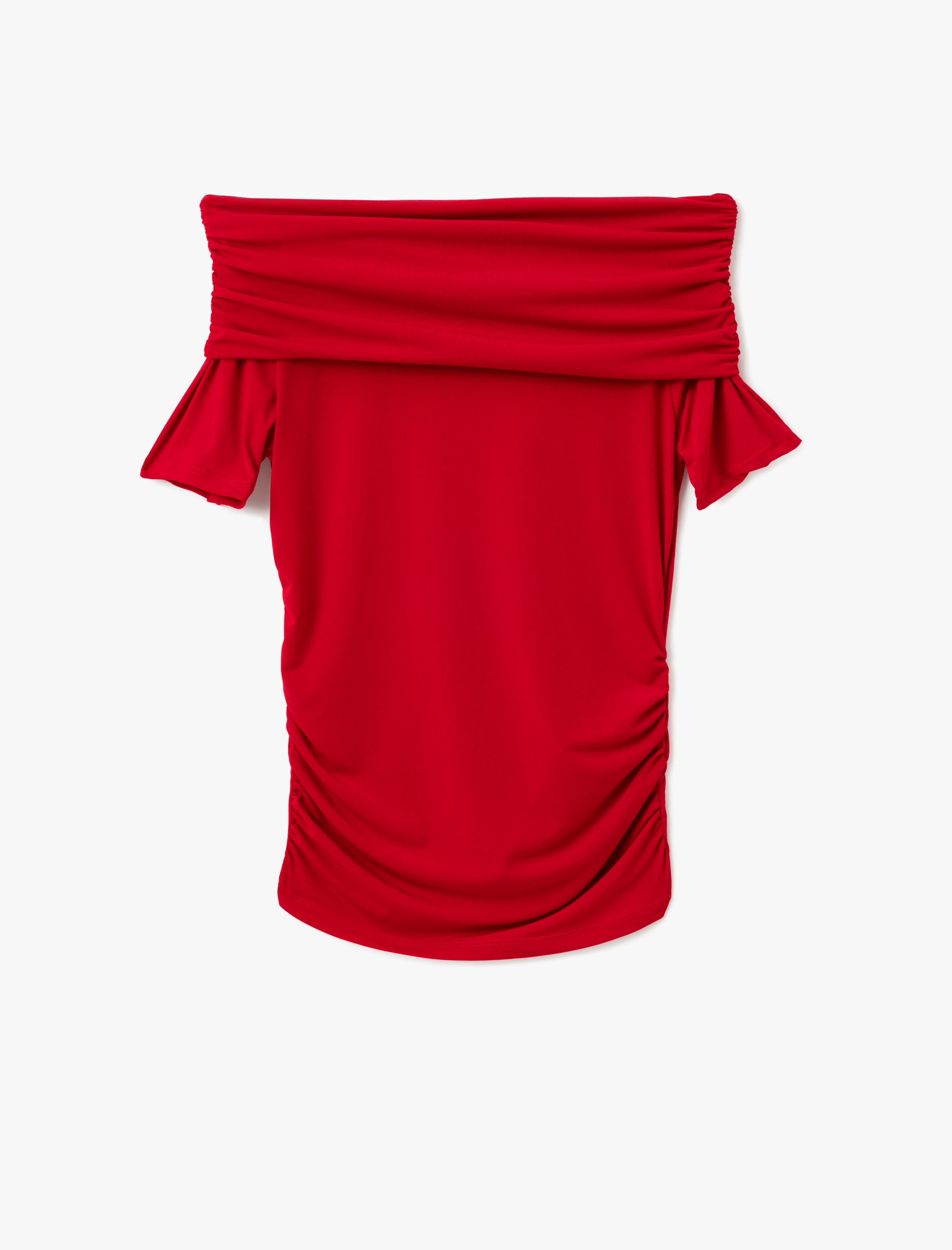   Omzu Açık Madonna Yaka Büzgülü Kısa Kollu Bluz