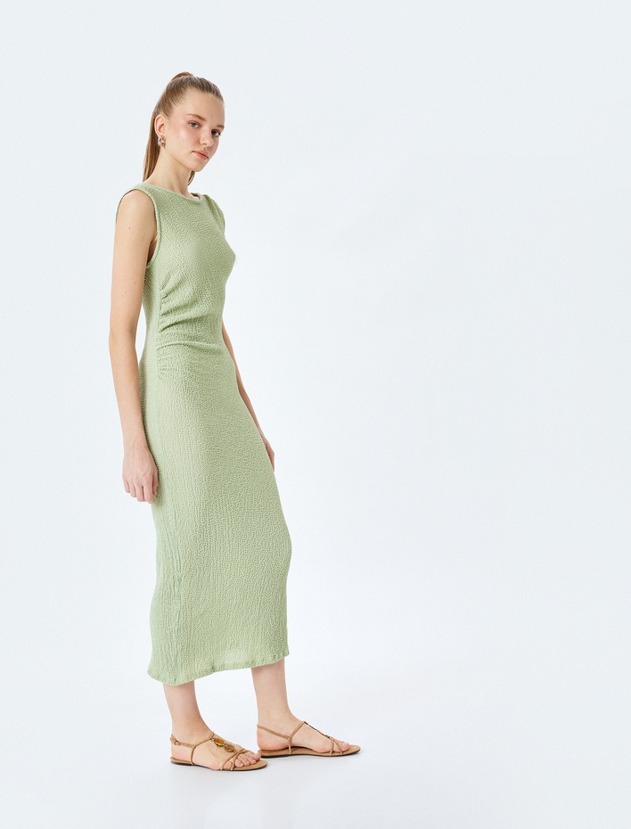  Bisiklet Yaka Kolsuz Slim Fit Dokulu Drapeli Uzun Elbise Bürümcük