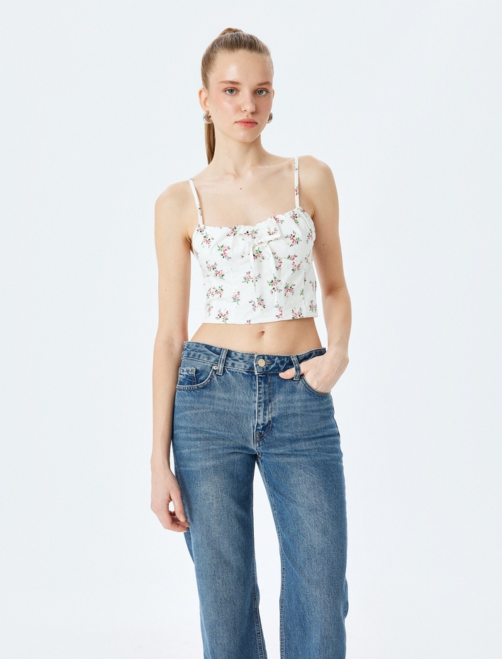  İp Askılı Bağcık Detaylı Gipeli Çiçekli Crop Üst