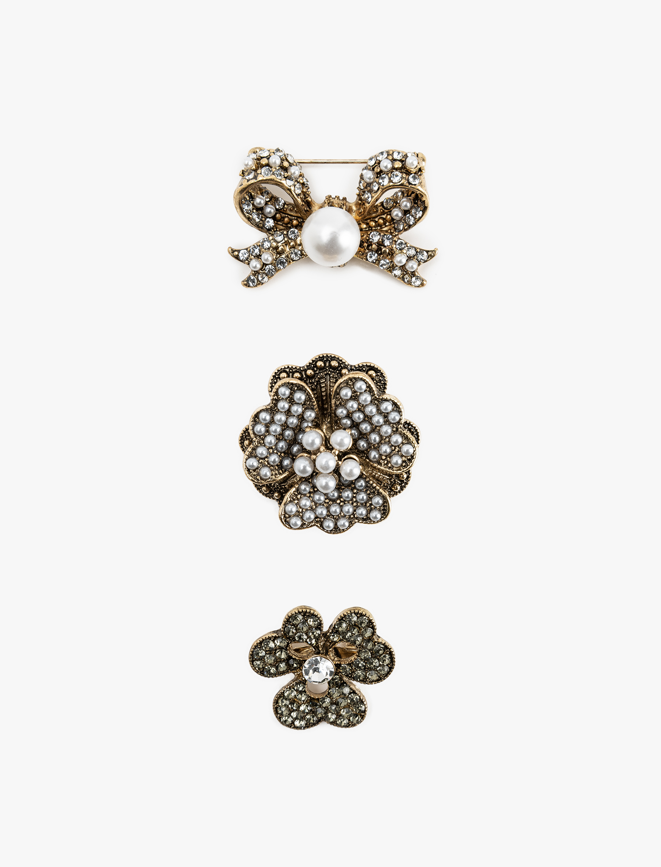  Kadın 3'lü Taşlı İnci Detaylı Broş Seti - Koton X Melis Ağazat