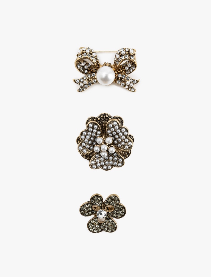 Kadın 3'lü Taşlı İnci Detaylı Broş Seti - Koton X Melis Ağazat