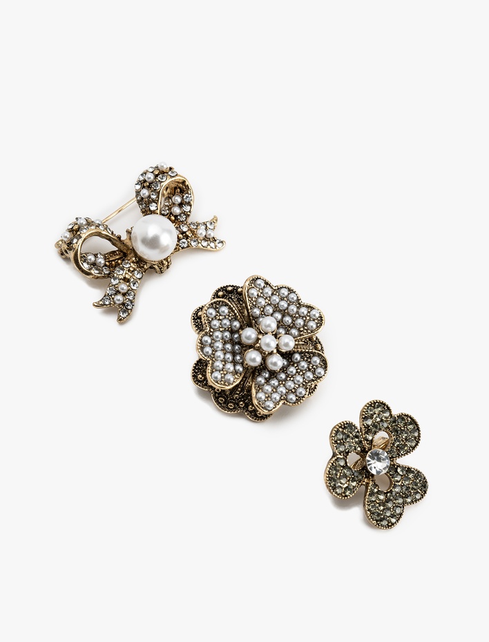 Kadın 3'lü Taşlı İnci Detaylı Broş Seti - Koton X Melis Ağazat