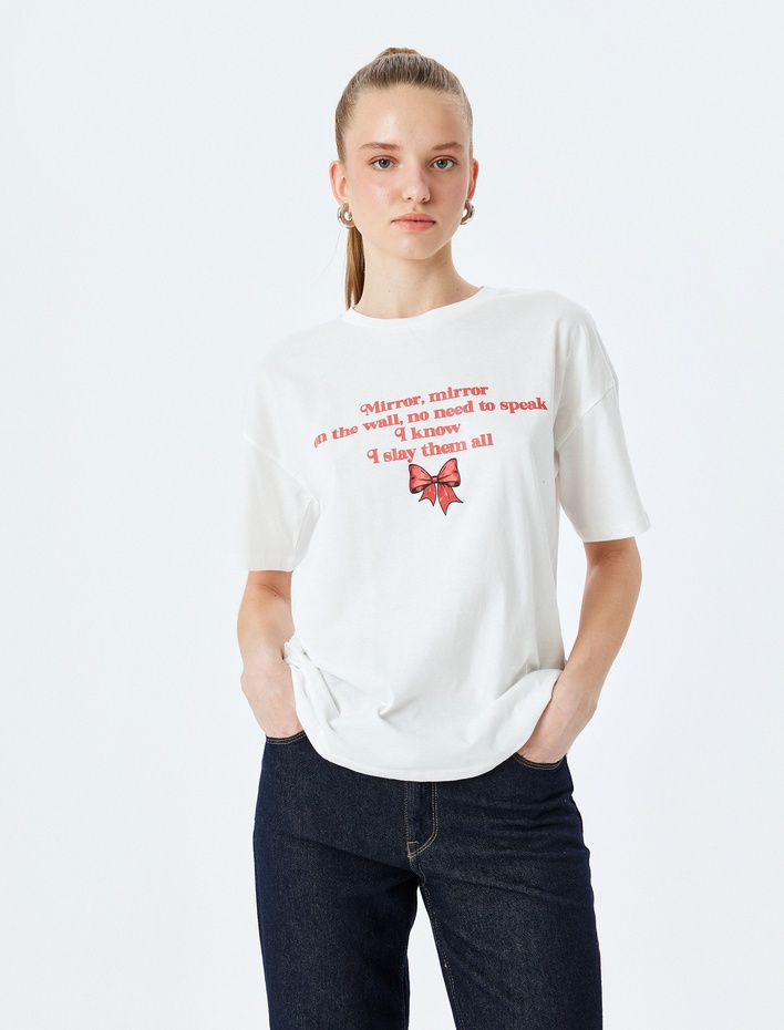  Fiyonk Baskılı Kısa Kollu Bisiklet Yaka Oversize Tişört