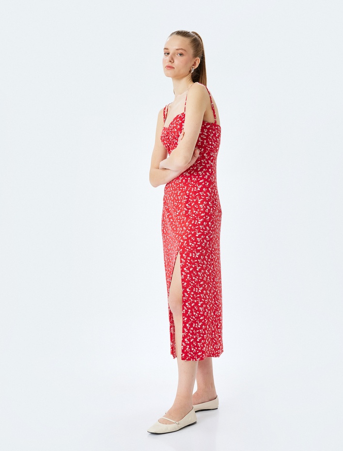  Viskon Çift Askılı Sırt Detaylı Çiçekli Yırtmaçlı A Kesim Midi Elbise