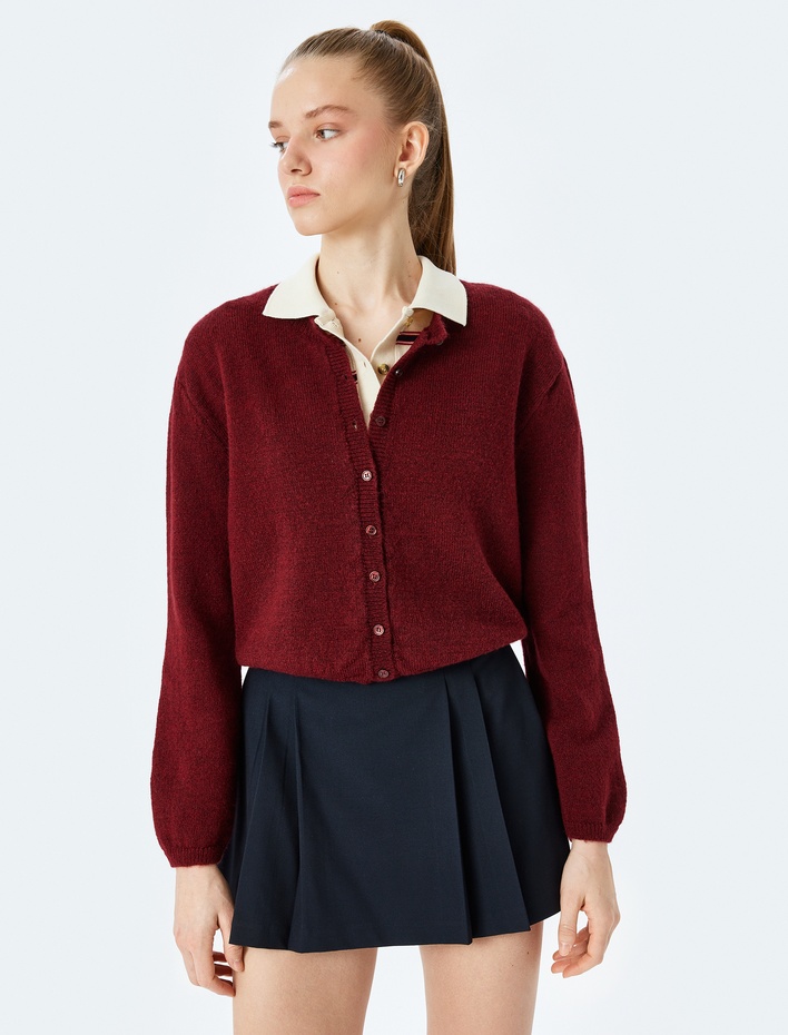  Basic Triko Hırka Bisiklet Yaka Düğmeli Uzun Kollu Yumuşak Dokulu