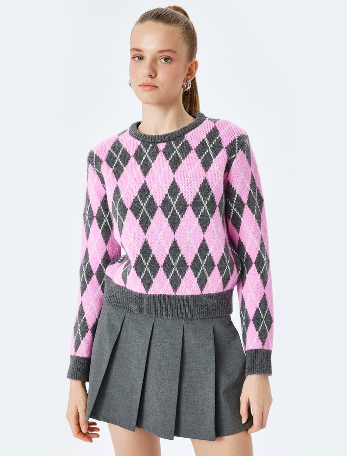  Uzun Kollu Bisiklet Yaka Baklava Desenli Triko Kazak