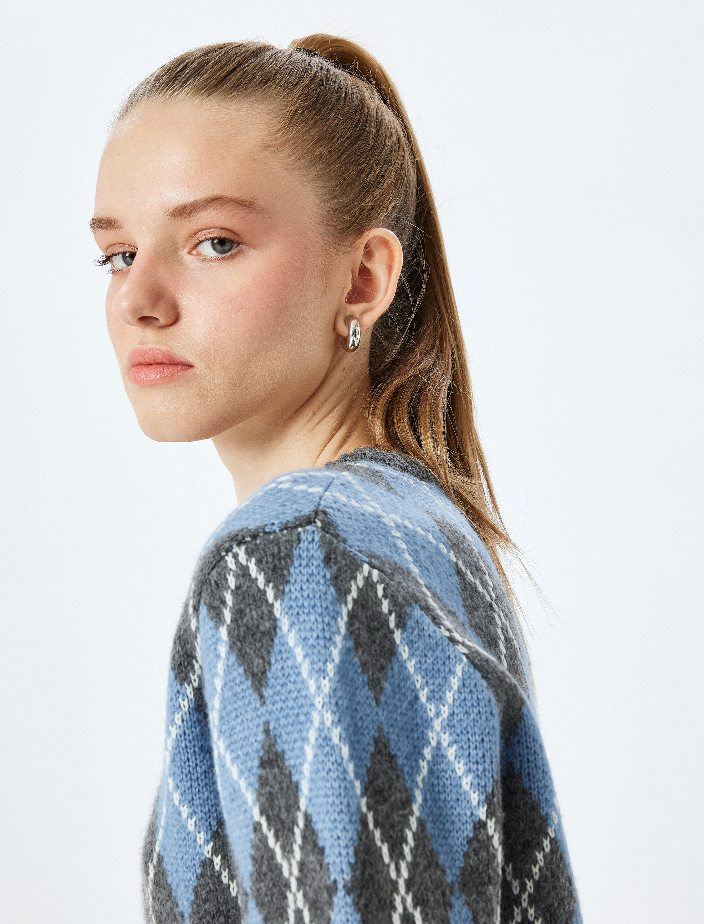 Uzun Kollu Bisiklet Yaka Baklava Desenli Triko Kazak