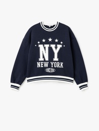 Şardonlu Kolej Baskılı Bisiklet Yaka Biyeli Oversize Sweatshirt