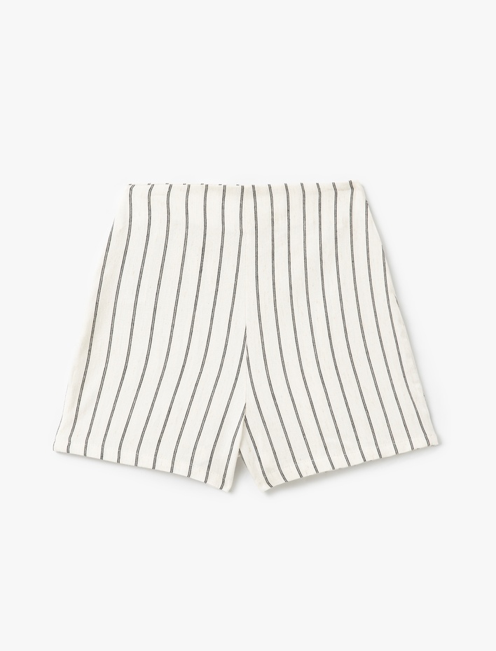  Keten Karışımlı Bağlama Detaylı Çizgili Şort Etek