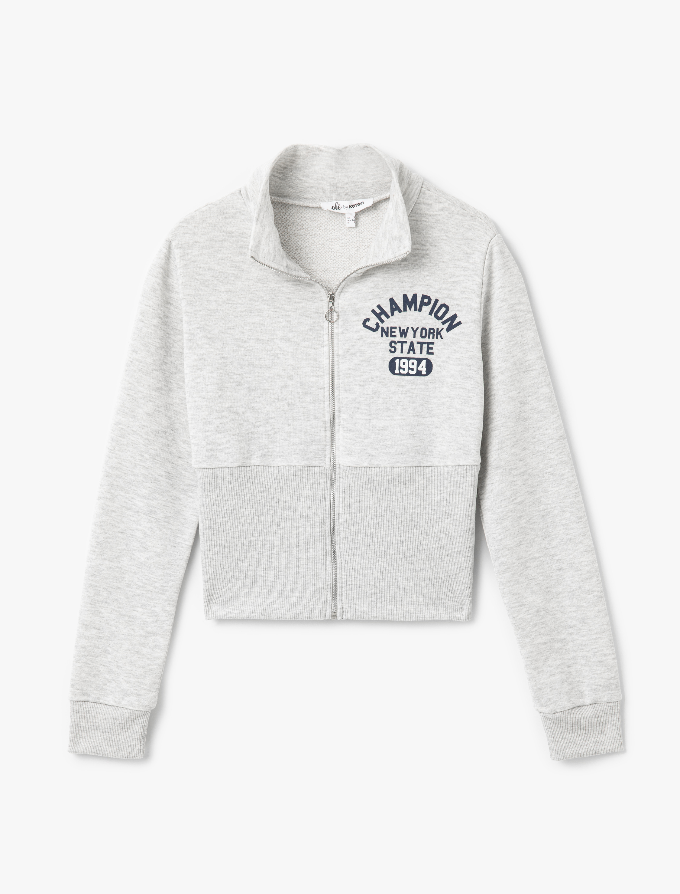 Şardonlu Kolej Baskılı Dik Yaka Uzun Kollu Fermuarlı Sweatshirt