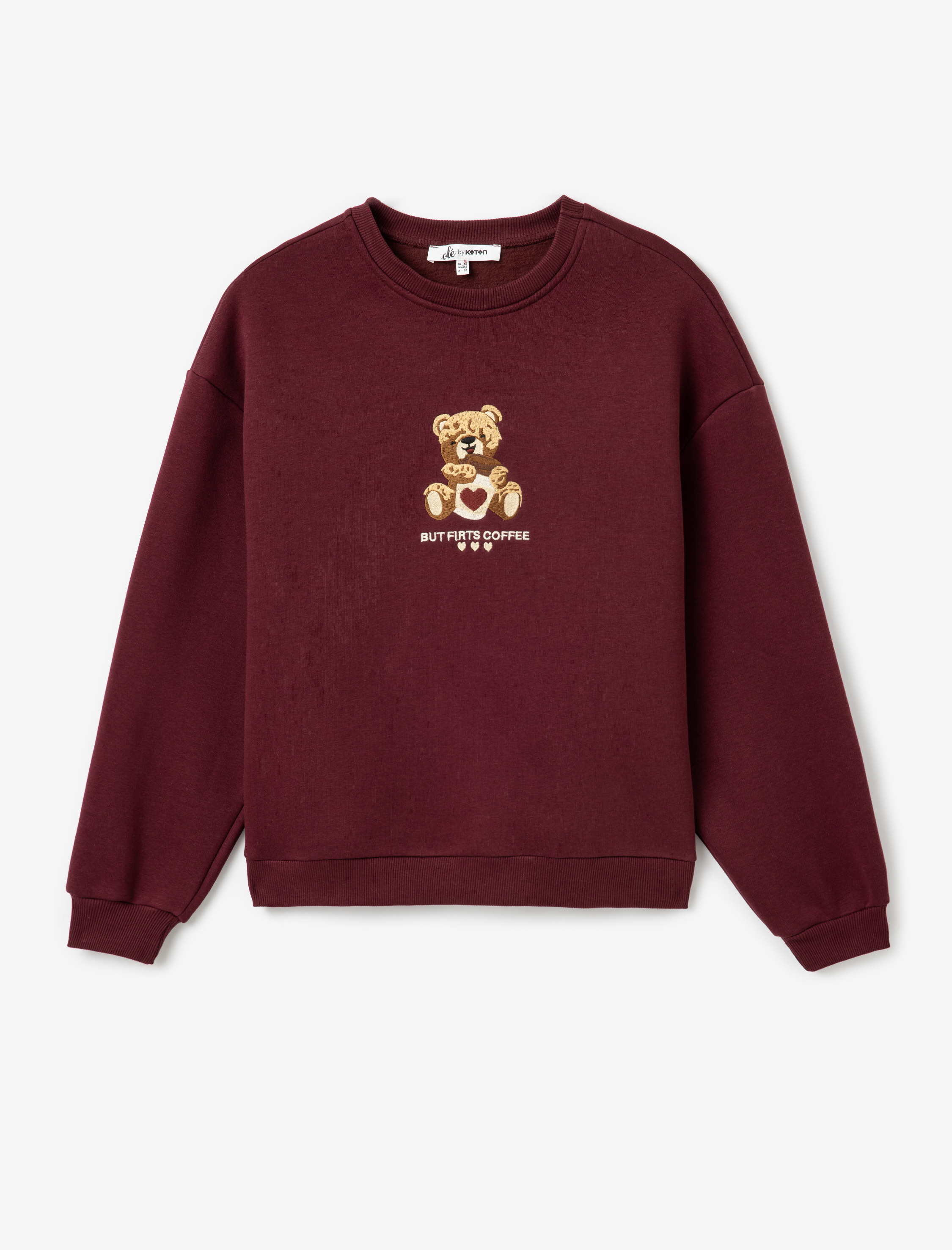   Şardonlu Ayı Nakışlı Uzun Kollu Bisiklet Yaka Oversize Sweatshirt