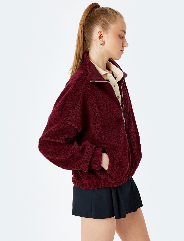  Fermuarlı Dik Yaka Cep Detaylı Peluş Sweatshirt