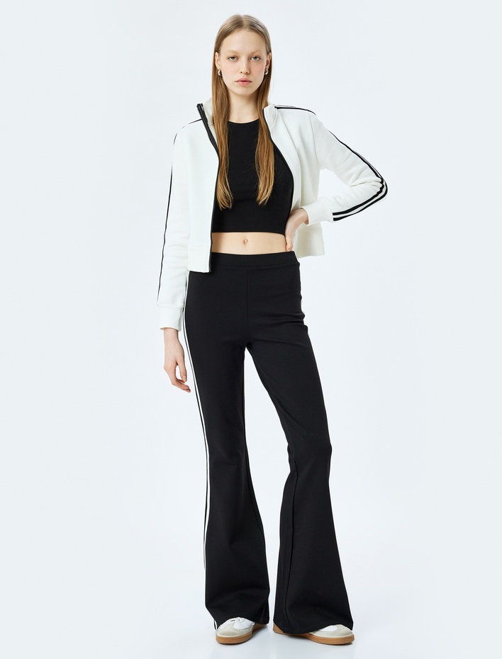  Yüksek Bel Viskon Karışımlı Şerit Detaylı İspanyol Paça Tayt