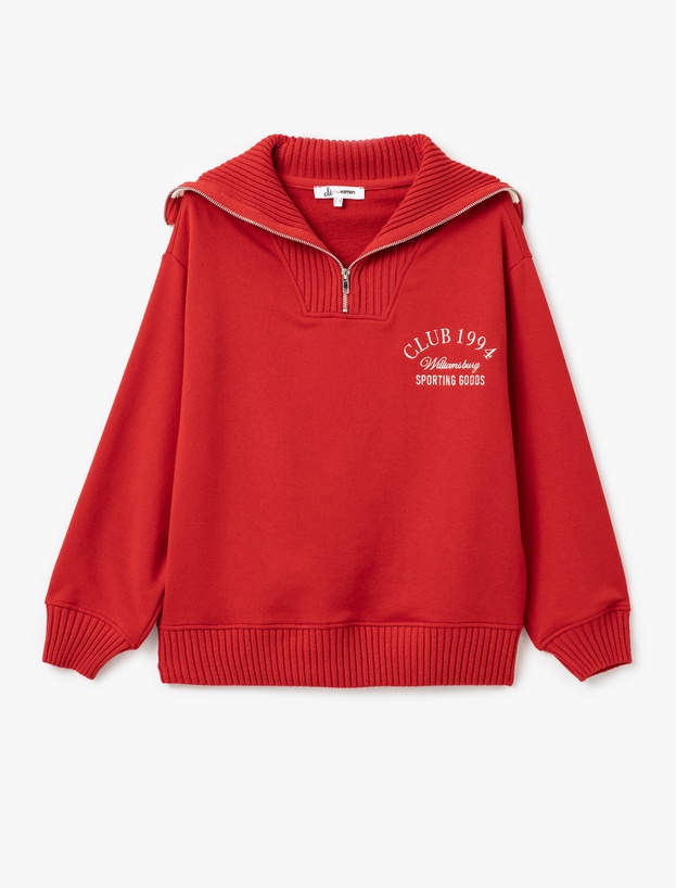 Yarım Fermuarlı Biyeli Oversize Dik Yaka Kolej Baskılı Sweatshirt_0
