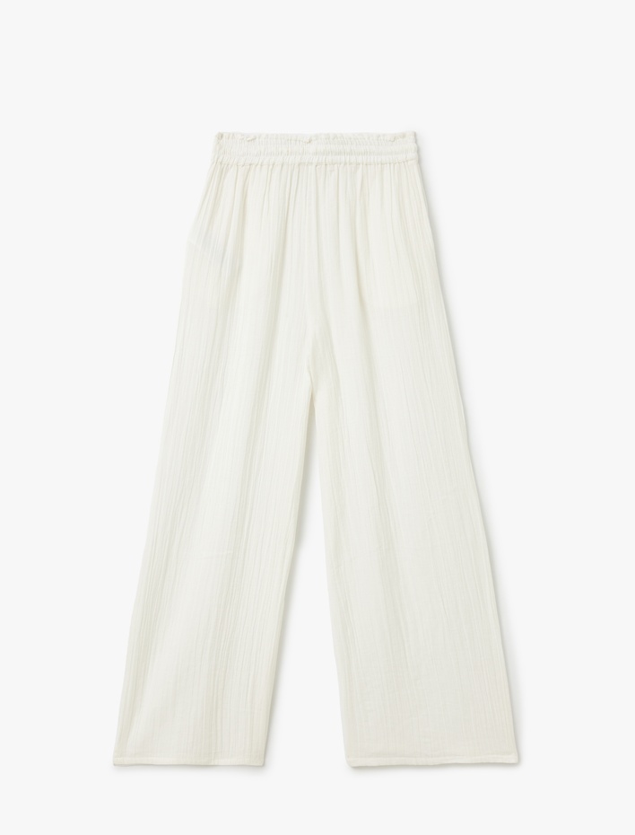  Pamuklu Beli Lastikli Bağlamalı Cepli Geniş Paça Müslin Pantolon