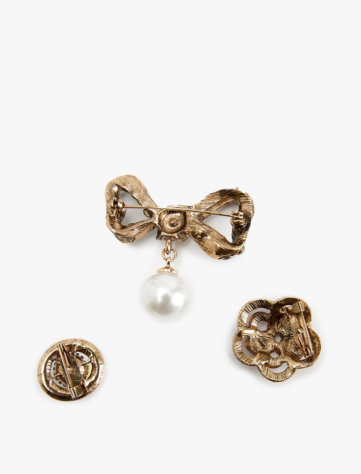 Kadın 3'lü Taşlı İnci Detaylı Broş Seti - Koton X Melis Ağazat