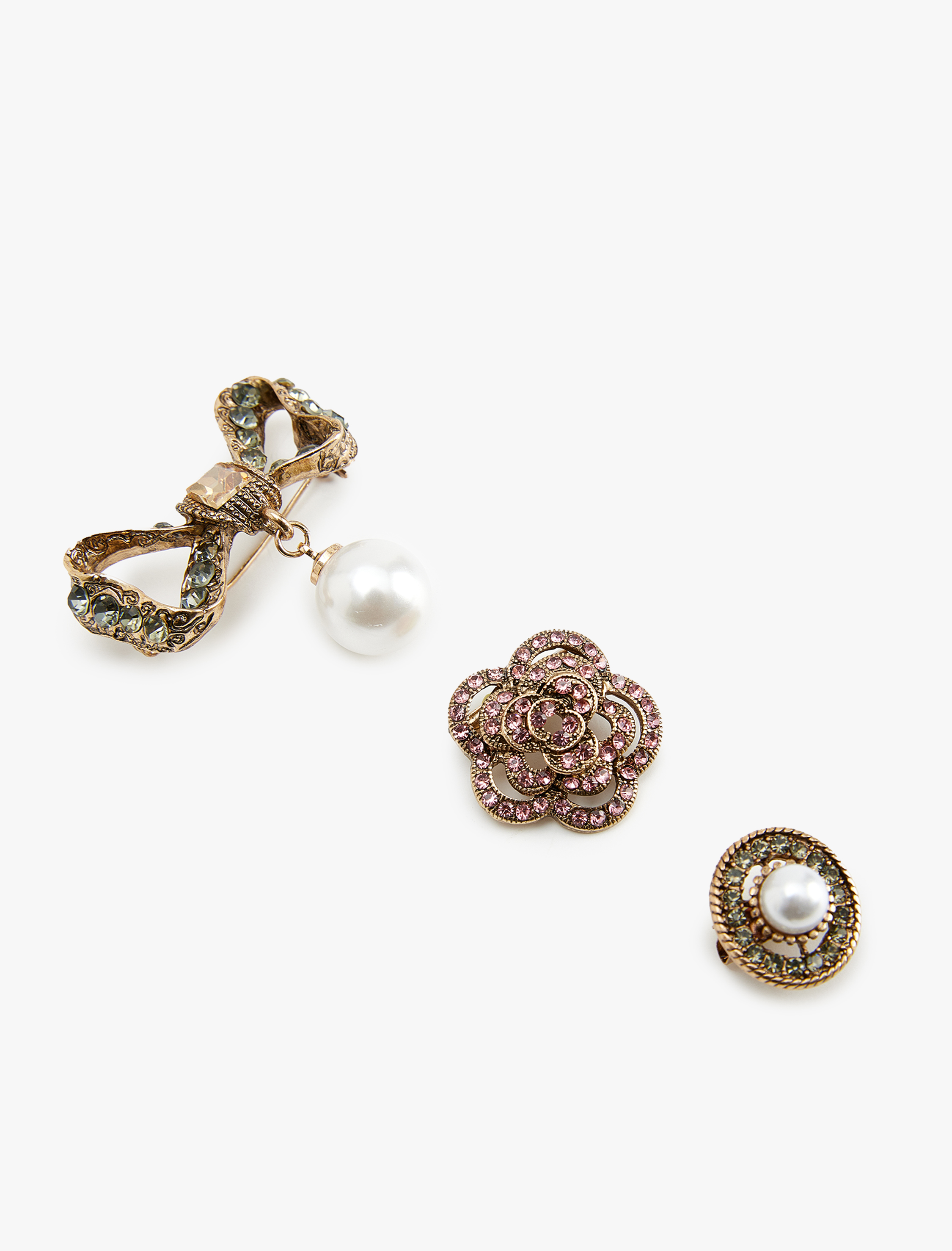  Kadın 3'lü Taşlı İnci Detaylı Broş Seti - Koton X Melis Ağazat