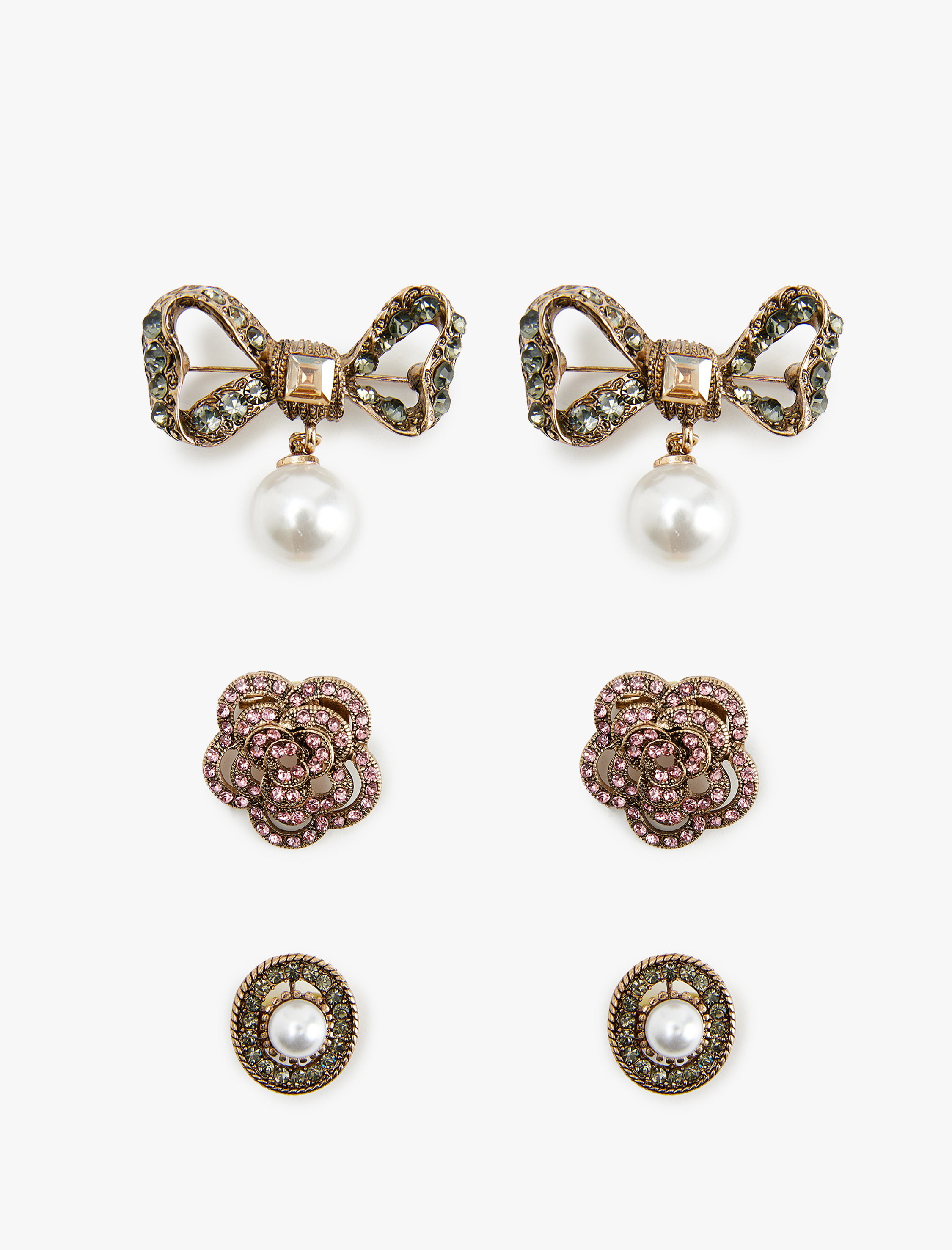  Kadın 3'lü Taşlı İnci Detaylı Broş Seti - Koton X Melis Ağazat