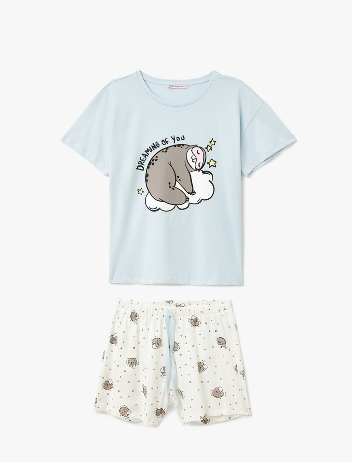  Pamuklu Baskılı Kısa Kollu Bisiklet Yaka Şortlu Pijama Takımı