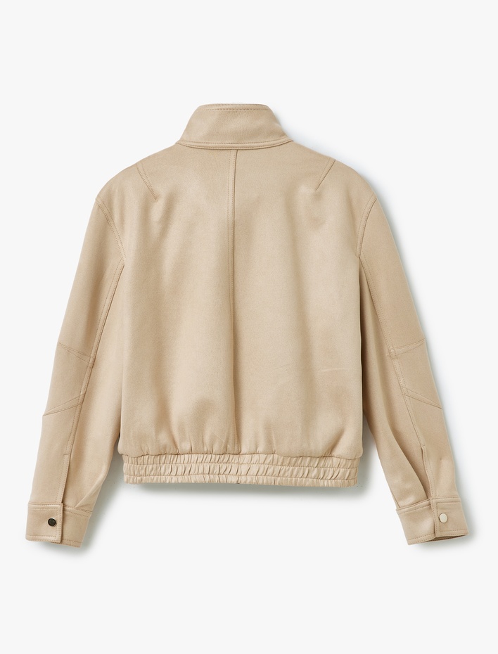  Fermuarlı Dik Yaka Cepli Uzun Kollu Crop Suni Süet Ceket