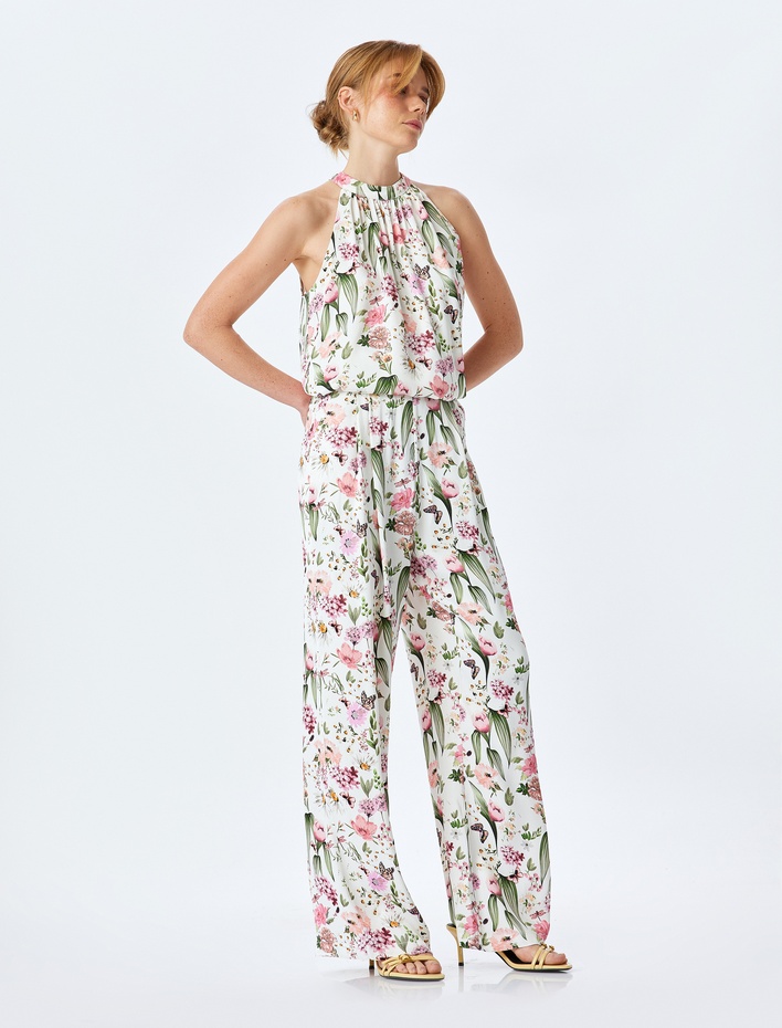  Pile Detaylı Yüksek Bel Viskon Çiçekli Palazzo Saten Pantolon