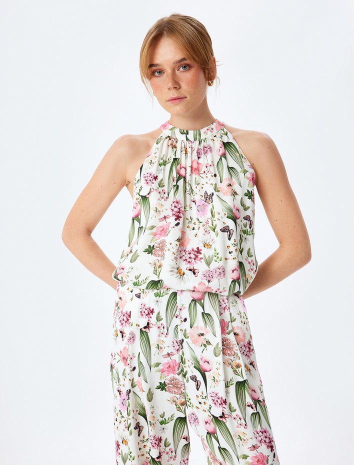  Çiçek Desenli Kolsuz Halter Yaka Viskon Bluz