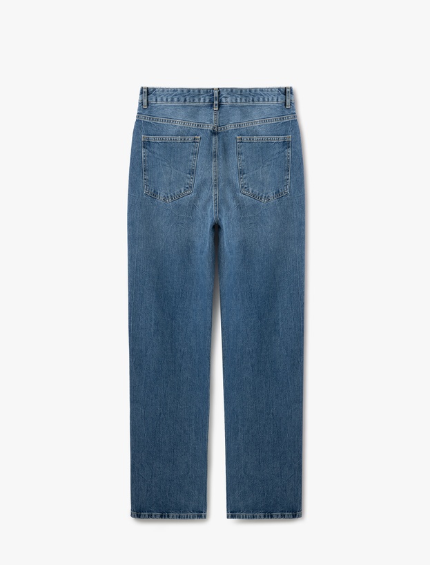 Yüksek Bel Yıpratma Detaylı Pamuklu Denim Pantolon - Straight Jeans_1