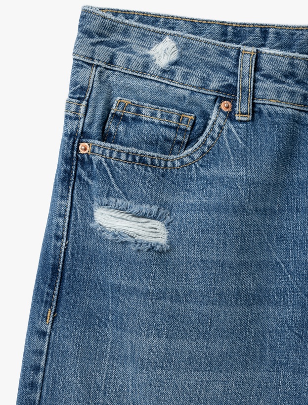Yüksek Bel Yıpratma Detaylı Pamuklu Denim Pantolon - Straight Jeans_2
