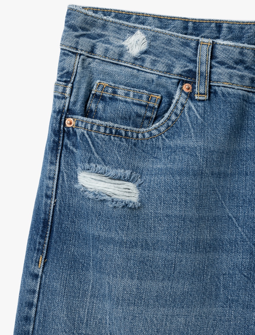   Yüksek Bel Yıpratma Detaylı Pamuklu Denim Pantolon - Straight Jeans