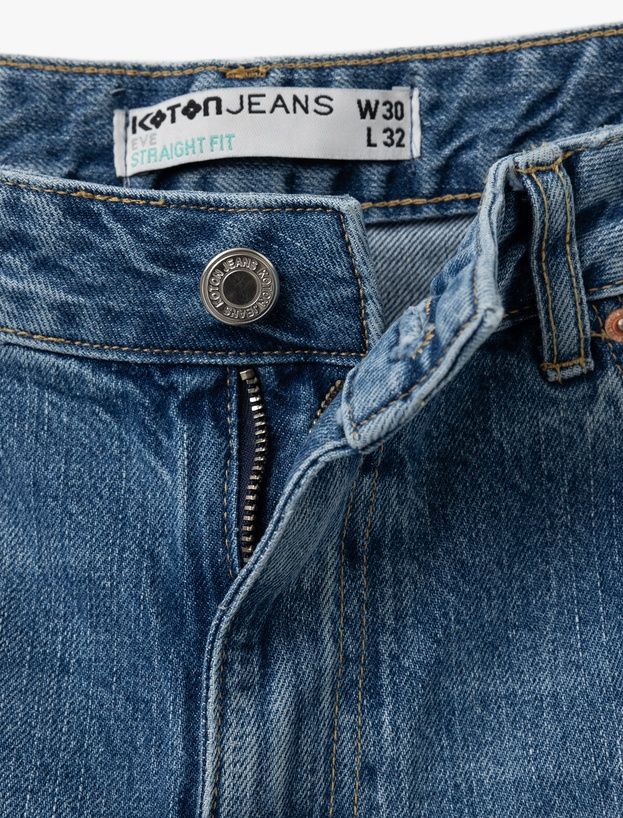 Yüksek Bel Yıpratma Detaylı Pamuklu Denim Pantolon - Straight Jeans_3