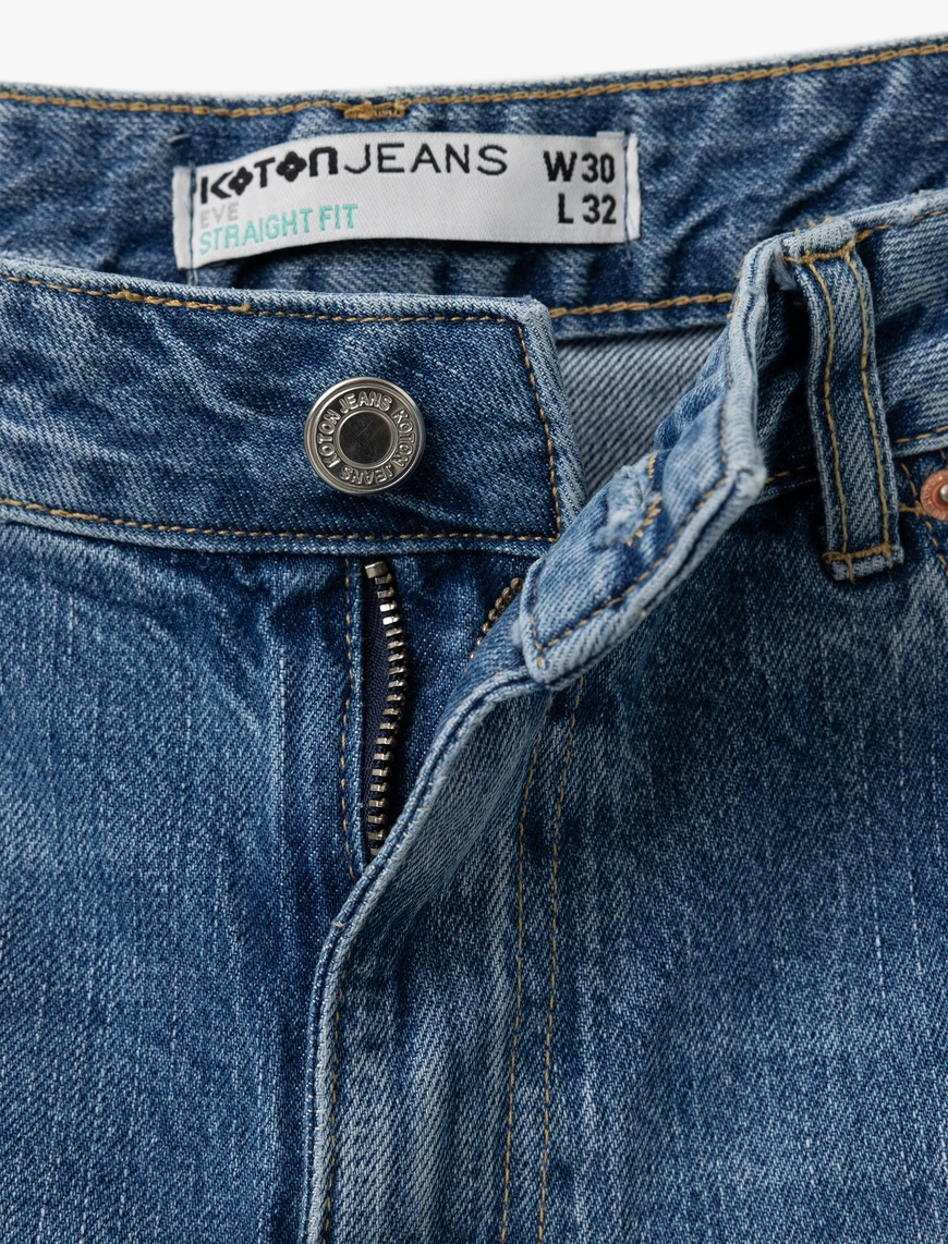   Yüksek Bel Yıpratma Detaylı Pamuklu Denim Pantolon - Straight Jeans